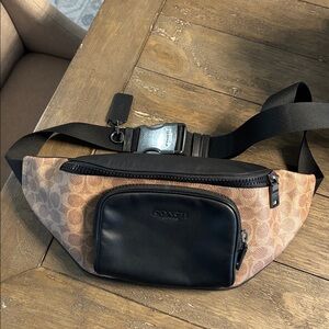 Coach Racer Belt Bag Signature “C” Coated Canvas and Smooth Black Leather Men’s